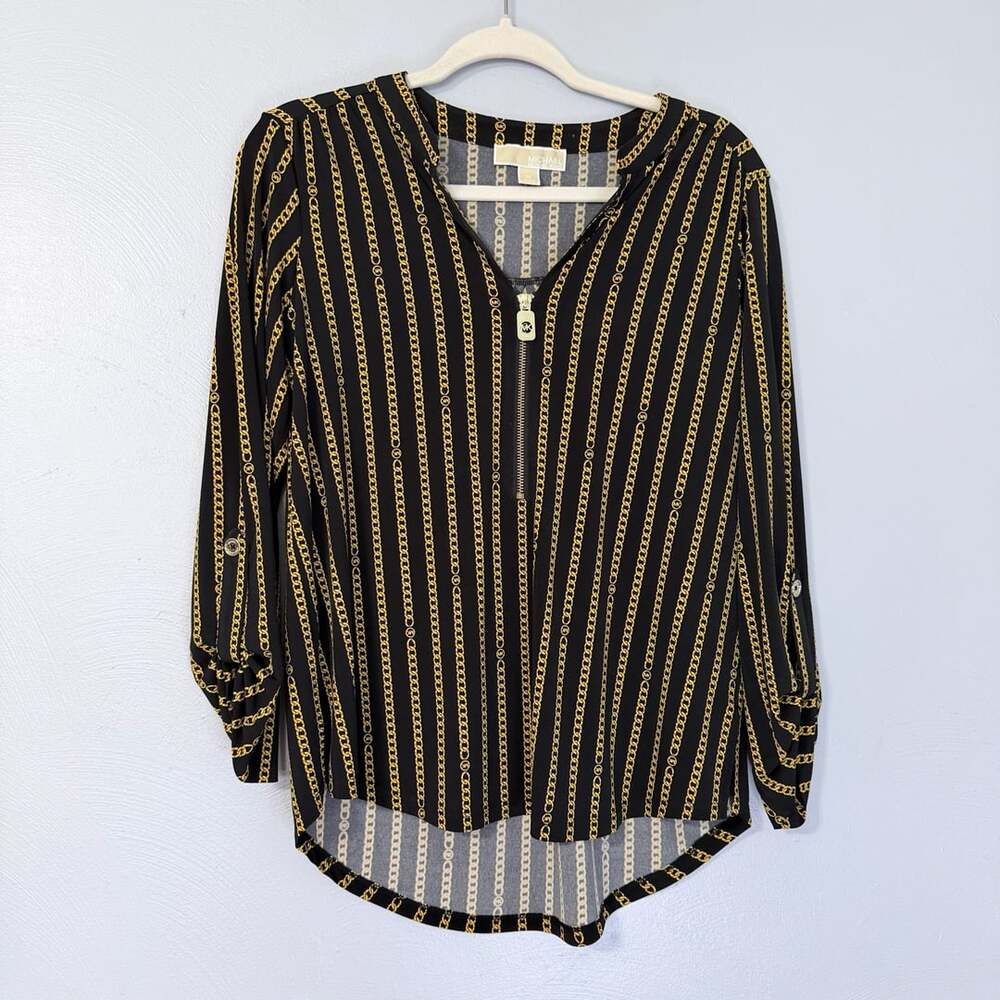 Michael Kors Black & Gold Chain Print Blouse Zip Front Roll Tab Sleeve Tunic M